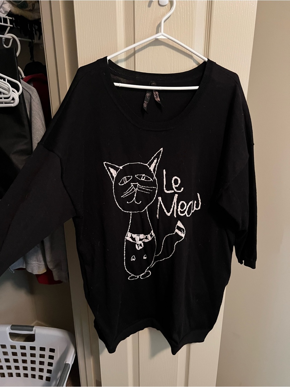 Melissa McCarthy Seven7 Black sweater with White Cat 'Le Meow' Graphic